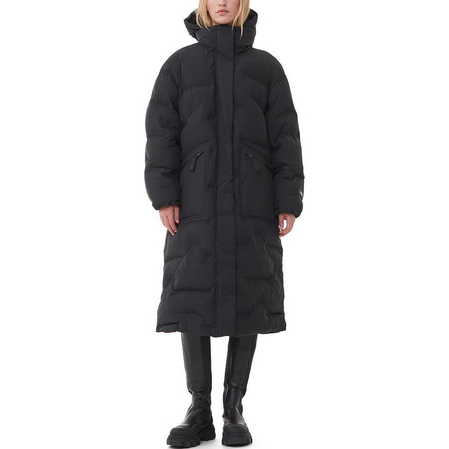 Lookbook (W) 가니 SS24 블랙 후드 롱 패딩 코트 트렌치 자켓. F8544099