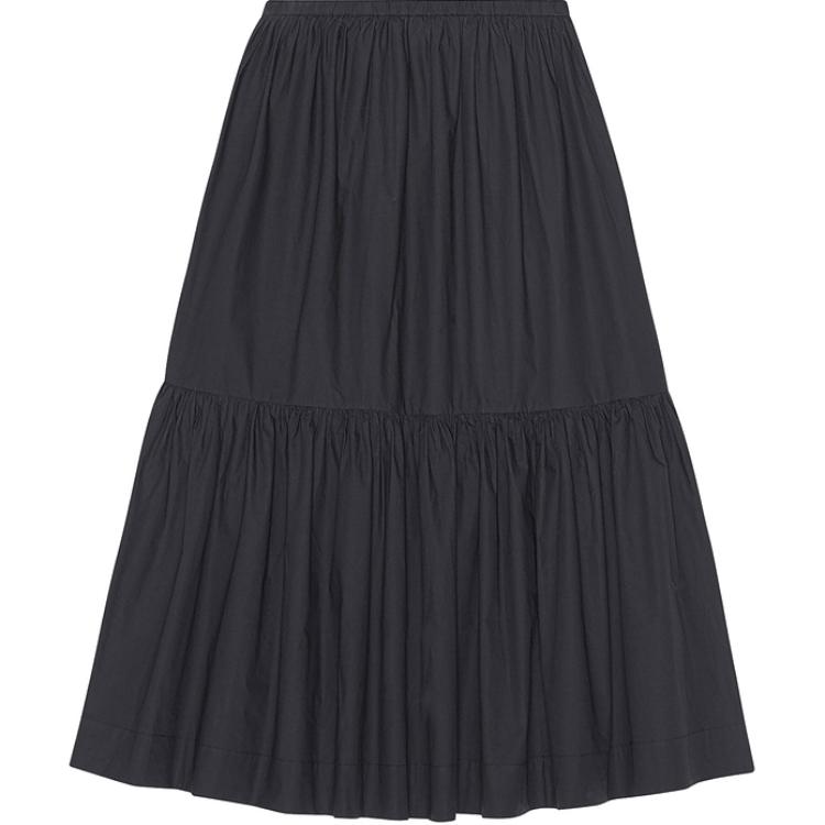 (Women) GANNI SS24  Black Midi Skirt with Ruffle Trim and Elastic Waist. F9385099