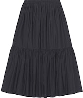 (Women) GANNI SS24 Black Midi Skirt with Ruffle Trim and Elastic Waist. F9385099 (Women) GANNI SS24 Black Midi Skirt with Ruffle Trim and Elastic Waist. F9385099