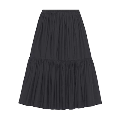 (Women) GANNI SS24 Black Midi Skirt with Ruffle Trim and Elastic Waist. F9385099