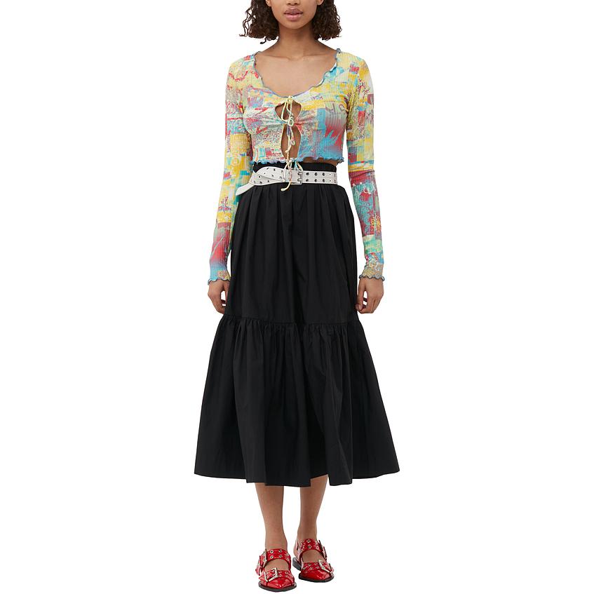 Lookbook (W) GANNI SS24 黑色中长裙带荷叶边装饰弹力腰设计. F9385099