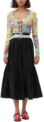 (W) GANNI SS24 黑色中長裙帶荷葉邊裝飾與彈性腰身設計。 F9385099 Lookbook (W) GANNI SS24 黑色中長裙帶荷葉邊裝飾與彈性腰身設計。 F9385099