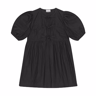 (Women) GANNI SS24 Black Pleated Puff-Sleeve Loose Fit Dress. F9005099