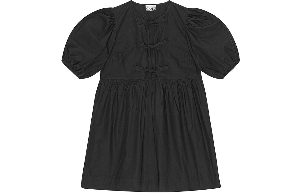 Order (W) GAANNI SS24 Hitam Gaun Longgar Lengan Puff Berlipat. F9005099