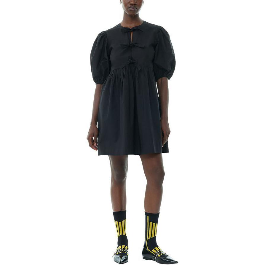 Lookbook (W) GAANNI SS24 Hitam Gaun Longgar Lengan Puff Berlipat. F9005099