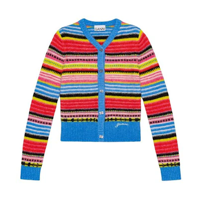 (Women) GANNI SS24 Colorblock V-Neck Slim Knit Cardigan Sweater Multicolor K2145999