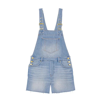 (Women) GANNI SS24 Distressed Denim Washed Dye Loose Fit Overall Shorts. J1476091