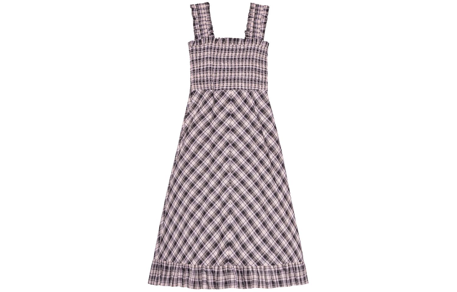 (Women) GANNI SS24  Lavender Plaid Ruffle Square Neck Slim Fit Camisole Dress. F9636428