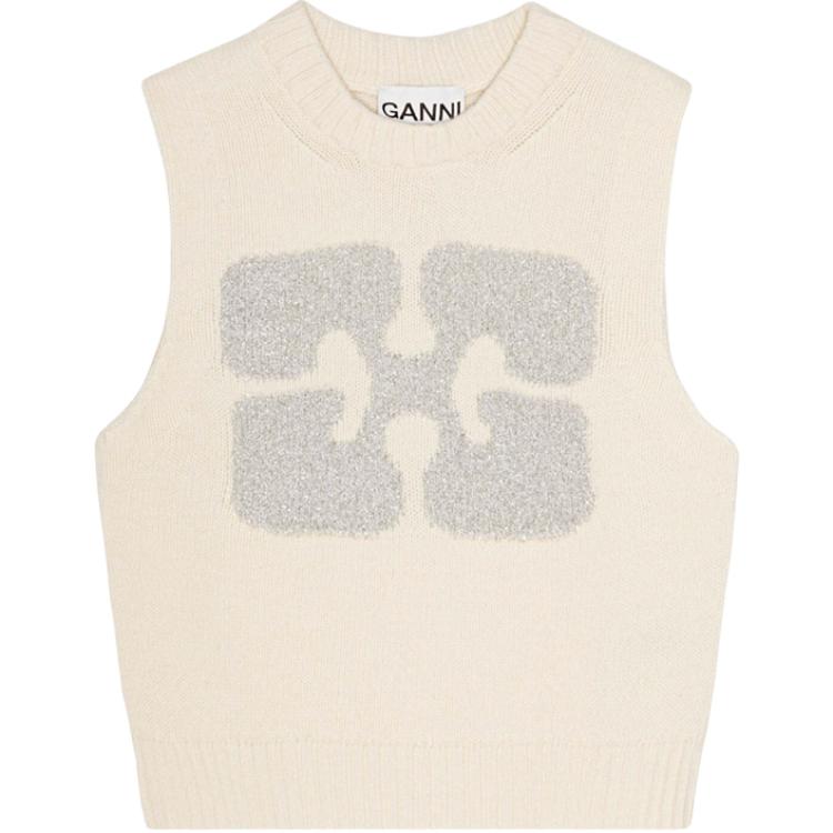 (Women) GANNI SS24  Logo Crewneck Knit Vest White Egret. K2252135