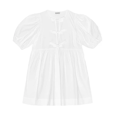 (Women) GANNI SS24 Loose Fit V-Neck Puff Sleeve Dress - Bright White. F9170151