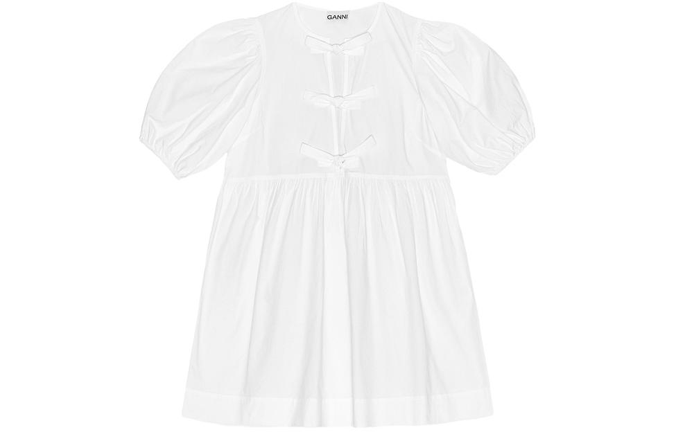 Order (W) GANNI 2024春夏宽松V领泡泡袖连衣裙 - 亮白色. F9170151