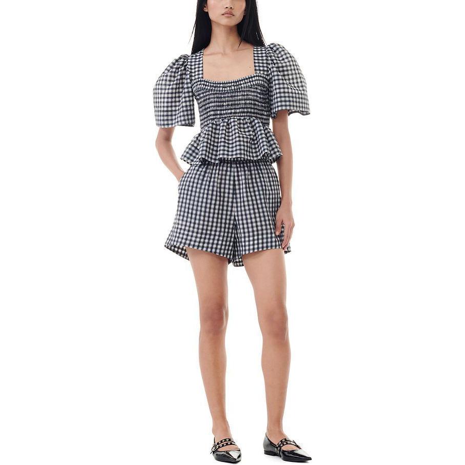 Lookbook (W) 가니 SS24 플래드 프린트 엘라스틱 웨이스트 스트레이트 숏 팬츠 에그렛 화이트. F9281135