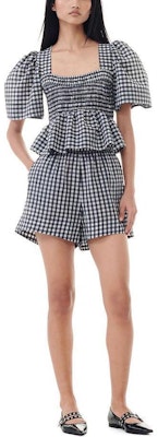 (W) 가니 SS24 플래드 프린트 엘라스틱 웨이스트 스트레이트 숏 팬츠 에그렛 화이트. F9281135 Lookbook (W) 가니 SS24 플래드 프린트 엘라스틱 웨이스트 스트레이트 숏 팬츠 에그렛 화이트. F9281135