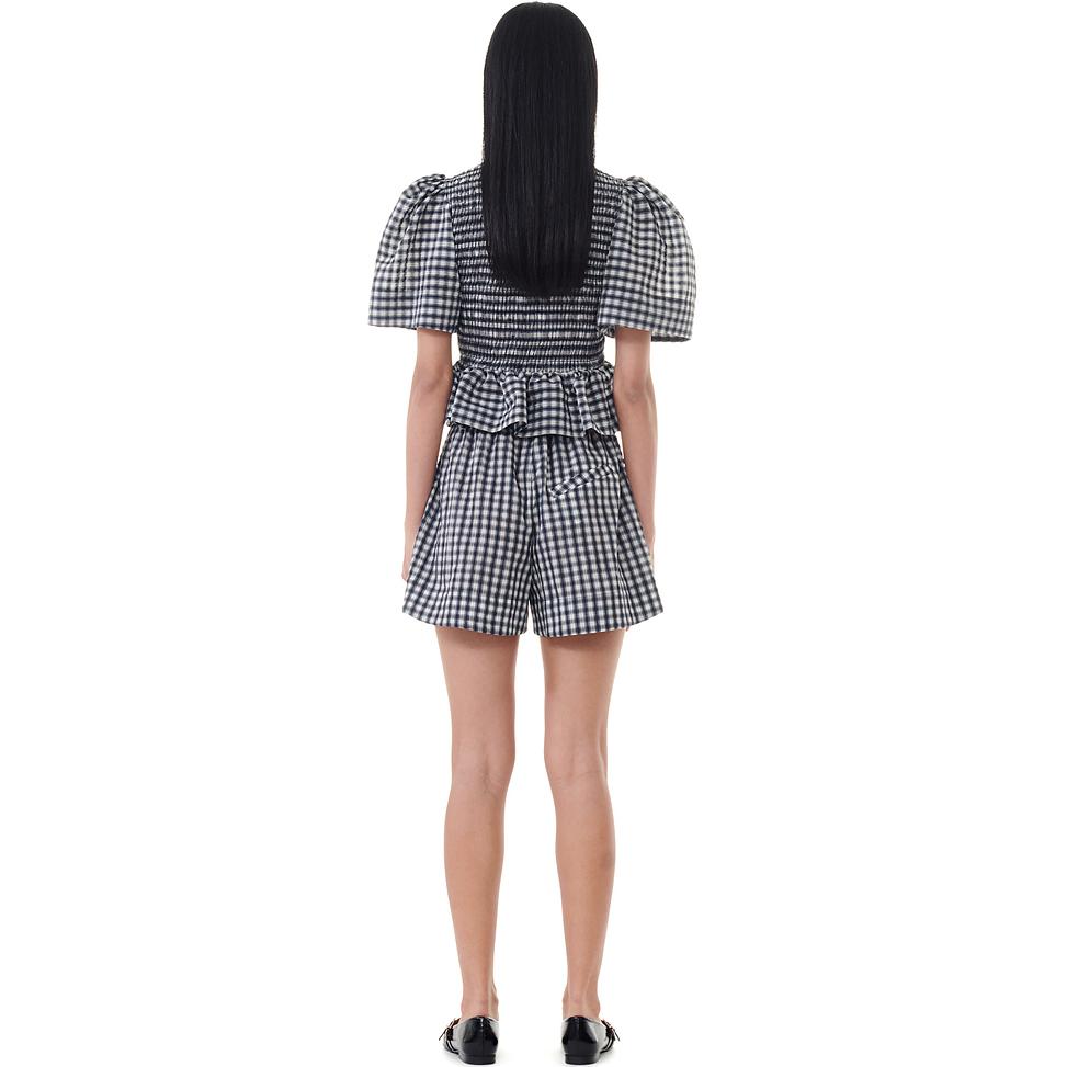 Shop (W) 가니 SS24 플래드 프린트 엘라스틱 웨이스트 스트레이트 숏 팬츠 에그렛 화이트. F9281135