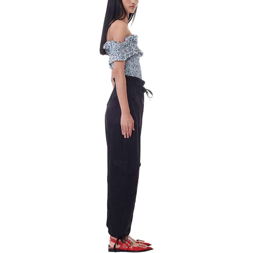 Purchase (W) 가니 SS24 릴랙스핏 엘라스틱 웨이스트 스트레이트 레그 팬츠 블랙. F9382099