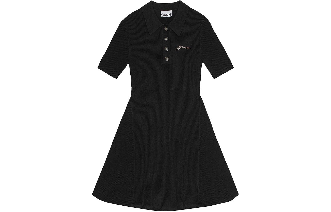 (Women) GANNI SS24  Slim Fit Logo Print Short Sleeve Dress Black K2288099