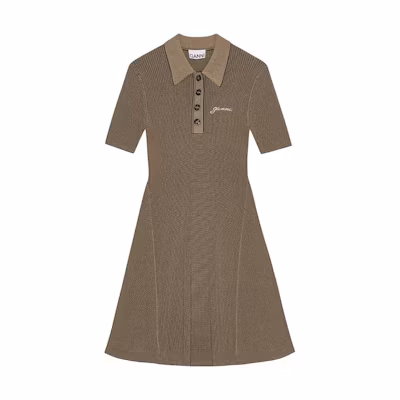 (Women) GANNI SS24 Slim Fit Polo Collar Dress with Logo Embroidery in Safari Yellow. K2194883
