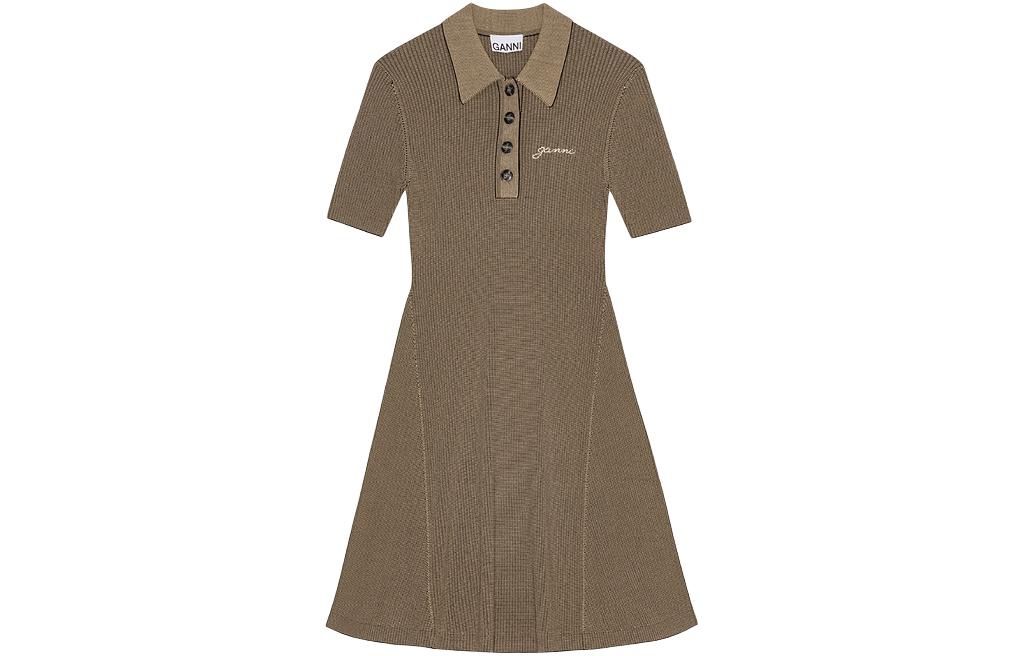 Order (W) 가니 SS24 슬림핏 폴로 칼라 드레스 로고 자수 사파리 옐로우. K2194883