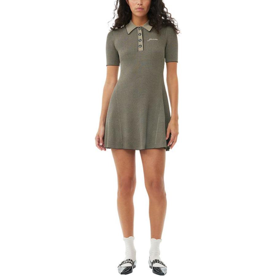 Lookbook (W) 가니 SS24 슬림핏 폴로 칼라 드레스 로고 자수 사파리 옐로우. K2194883