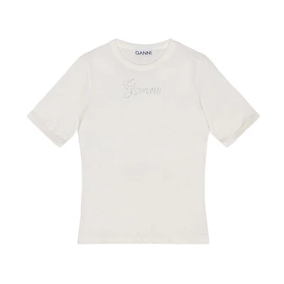 (Women) GANNI SS24 Slim Fit Rhinestone Logo Cotton T-Shirt White Egret. T4010135