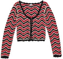 (Women) GANNI SS24 Wave Stripe Knit Cropped Long Sleeve Sweater Racing Red. K2161474 (Women) GANNI SS24 Wave Stripe Knit Cropped Long Sleeve Sweater Racing Red. K2161474