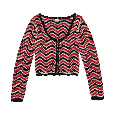 (Women) GANNI SS24 Wave Stripe Knit Cropped Long Sleeve Sweater Racing Red. K2161474