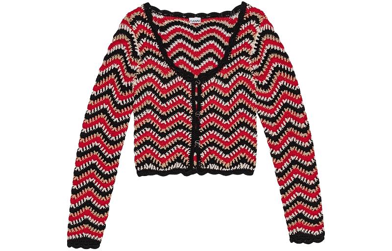 Order (W) 가니 SS24 웨이브 스트라이프 니트 크롭 롱슬리브 스웨터 레이싱 레드. K2161474