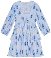 (Women) GANNI SS24 Floral Pleated Scoop Neck 3/4 Sleeve Dress Women in Heather Grey F9162694 (Women) GANNI SS24 Floral Pleated Scoop Neck 3/4 Sleeve Dress Women in Heather Grey F9162694