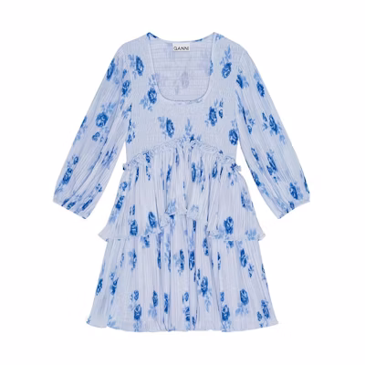 (Women) GANNI SS24 Floral Pleated Scoop Neck 3/4 Sleeve Dress Women in Heather Grey F9162694