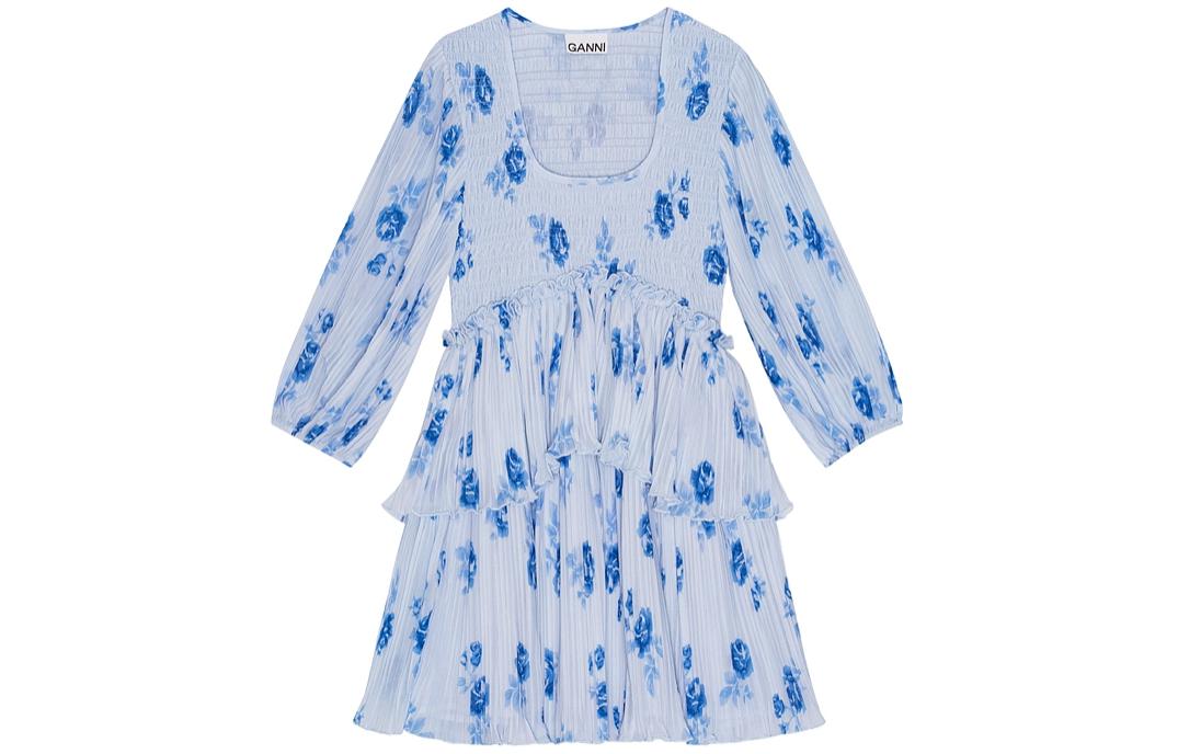 Order (W) GANNI SS24 Gaun Kelabu Heather Leher Scoop Bunga Lipat Lengan 3/4 Wanita F9162694