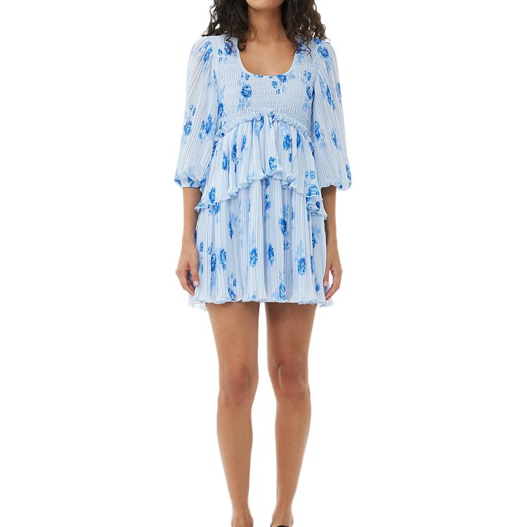 Details for (W) GANNI SS24 Gaun Kelabu Heather Leher Scoop Bunga Lipat Lengan 3/4 Wanita F9162694