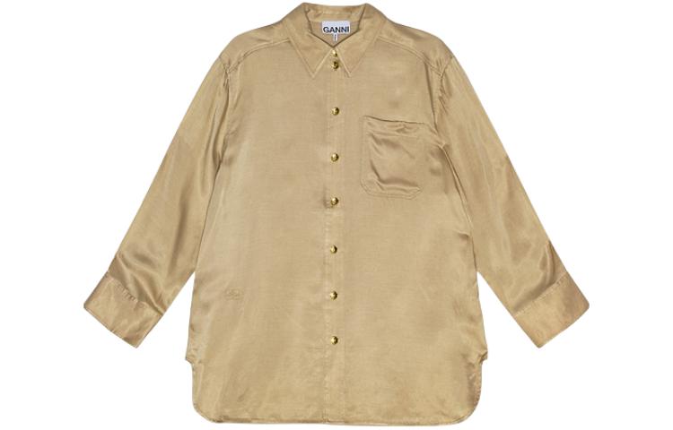 (Women) GANNI SS24 Oversized Solid Pointed Collar Long Sleeve Shirt Women Safari Yellow F9173883