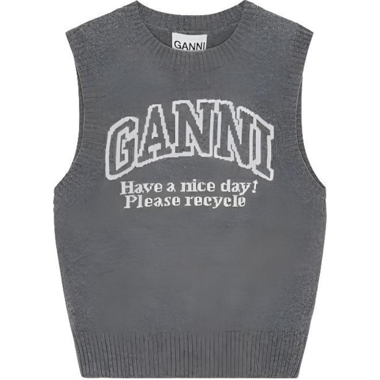 (Women) GANNI SS24 Sleeveless Knit Vest with Logo in Frost Grey. K2308523