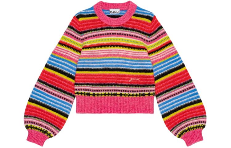 (Women) GANNI SS24 Striped Balloon Sleeve Knit Sweater Women Multicolor K2146999