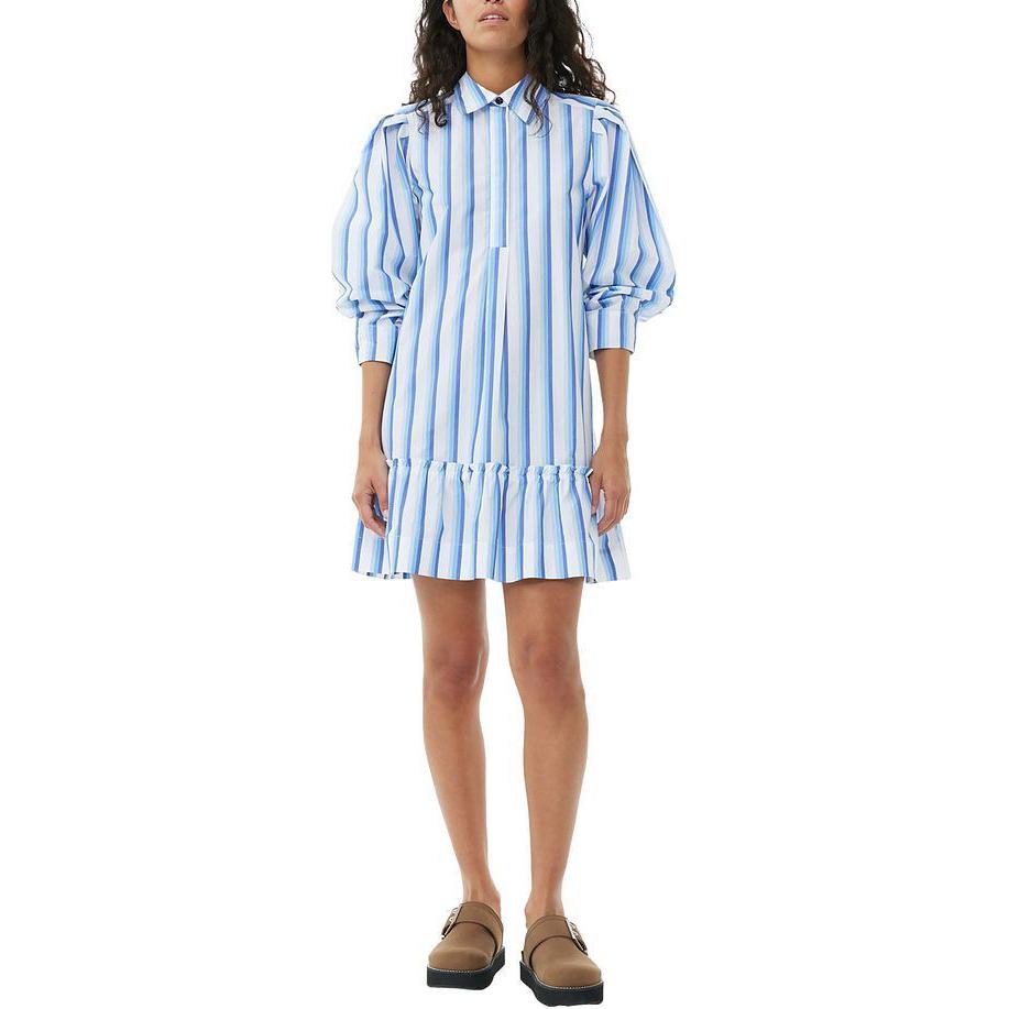 Lookbook (W) 가니 SS24 스트라이프 코튼 크롭 셔츠 드레스 여성 실버 레이크 블루. F9021695