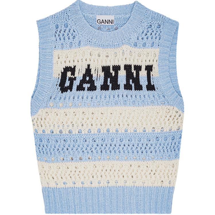 (Women) GANNI SS25 Striped Logo Sleeveless Crewneck Tank Top Women Blue K2486326