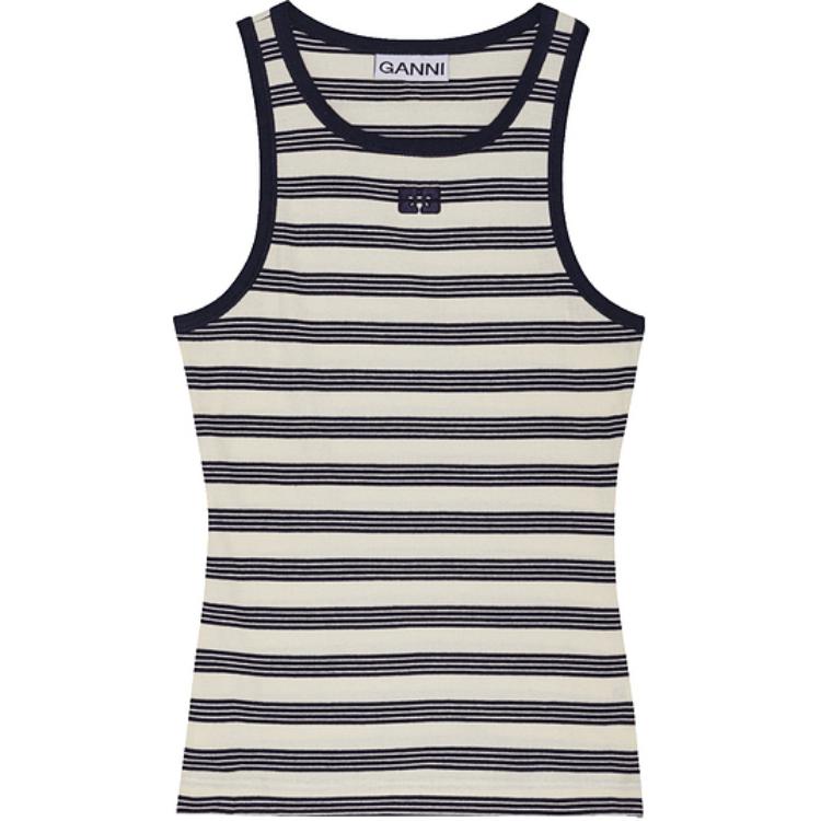 (Women) GANNI SS25 Striped Slim-Fit Racerback Tank Top Women Navy Blue T4144683
