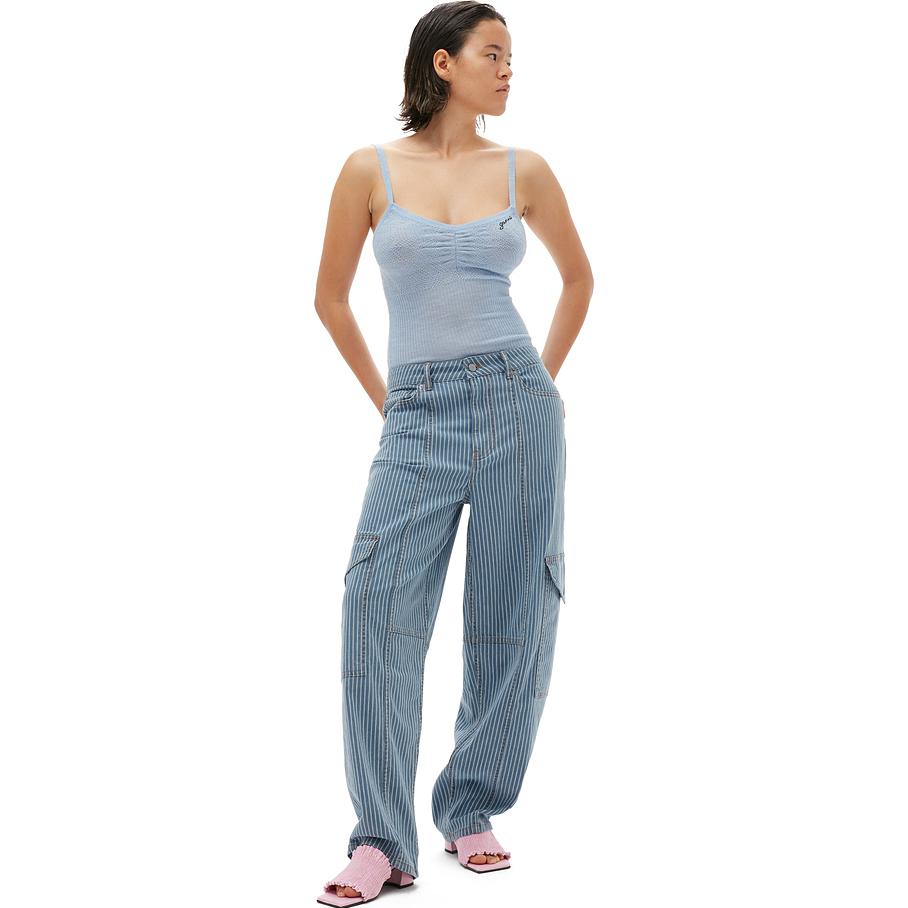 Lookbook (W) 가니 스트라이프 루즈핏 워크웨어 청바지 여성용 미드 블루 그레이 J1313566