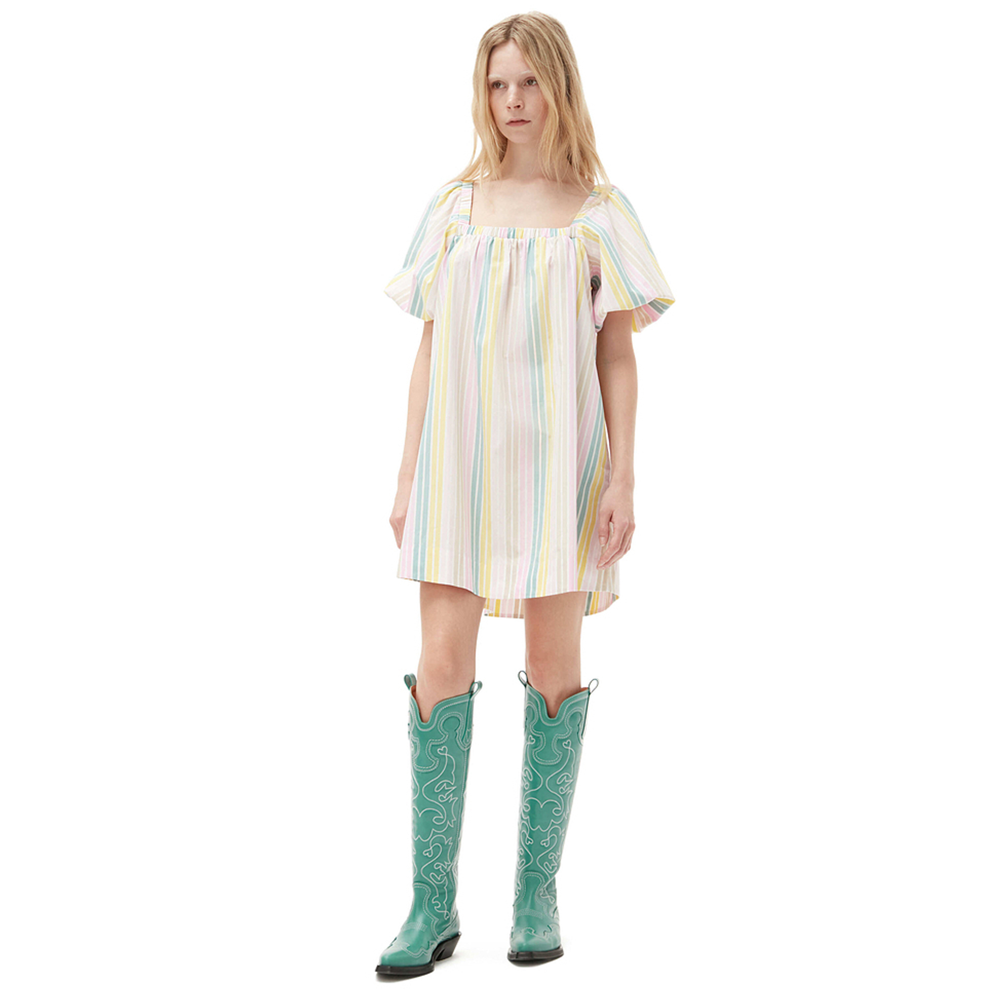 Lookbook (W) 가니 스트라이프 퍼프 슬리브 숏 원피스 여성 멀티컬러 F7980-999