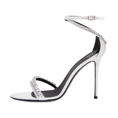 (W) Giuseppe Zanotti 'Elegant Rhinestone Pointed Stiletto Ankle Strap Sandal White'