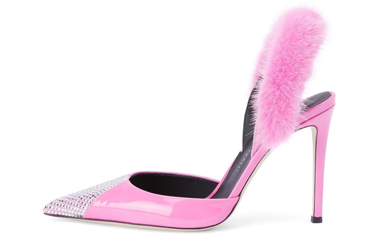 (W) Giuseppe Zanotti Henriette Strass 'Pink Patent Pointed Open-Back High Heels'