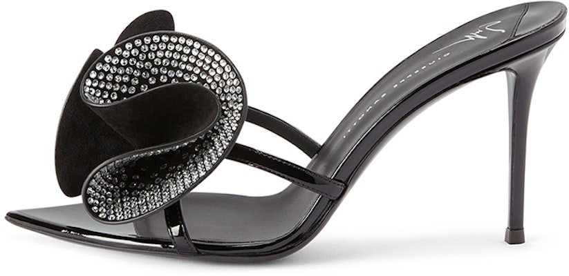 Giuseppe Zanotti/GZ 皮革 水鑽花卉 高跟 一字拖鞋 女款 黑色 Buy Giuseppe Zanotti/GZ 皮革 水鑽花卉 高跟 一字拖鞋 女款 黑色