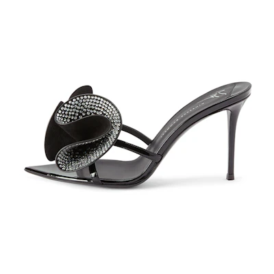 (W) Giuseppe Zanotti Leather High Heel Slide 'Black Crystal Flower'
