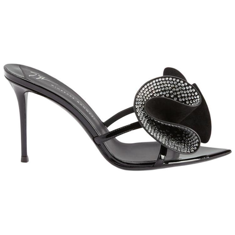 Order Giuseppe Zanotti/GZ 皮革 水鑽花卉 高跟 一字拖鞋 女款 黑色