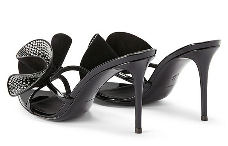 Shop Giuseppe Zanotti/GZ 皮革 水鑽花卉 高跟 一字拖鞋 女款 黑色