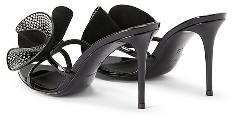 Giuseppe Zanotti/GZ 皮革 水鑽花卉 高跟 一字拖鞋 女款 黑色 Shop Giuseppe Zanotti/GZ 皮革 水鑽花卉 高跟 一字拖鞋 女款 黑色