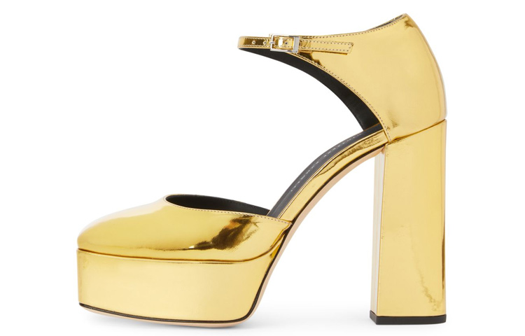 (W) Giuseppe Zanotti Round Toe Chunky Heel High Heels 12cm 'Gold Buckle'