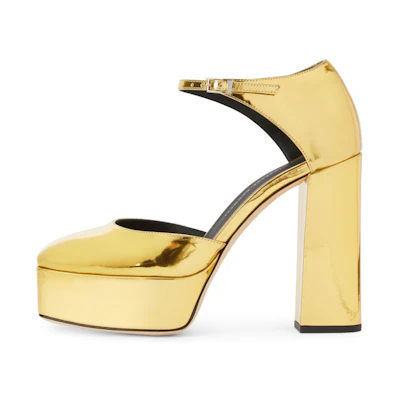 (W) Giuseppe Zanotti Round Toe Chunky Heel High Heels 12cm 'Gold Buckle'