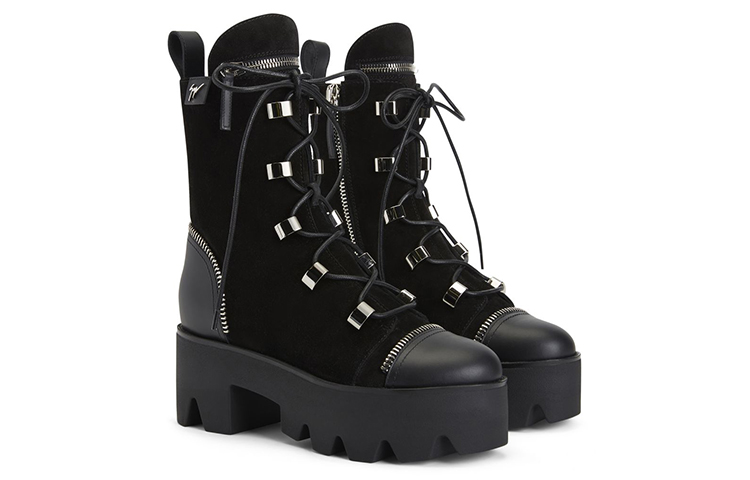 (W) Giuseppe Zanotti Short Boots 'Black Velvet Lace-Up Chunky Heel' 圖 2