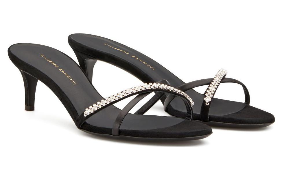 Order (W) Giuseppe Zanotti Velvet Slide Tumit Tinggi 'Hitam' Terbuka Depan E000026002